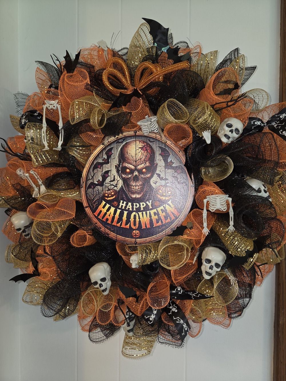 Halloween Wreath Skull & Mesh in Orange, Black, Gold